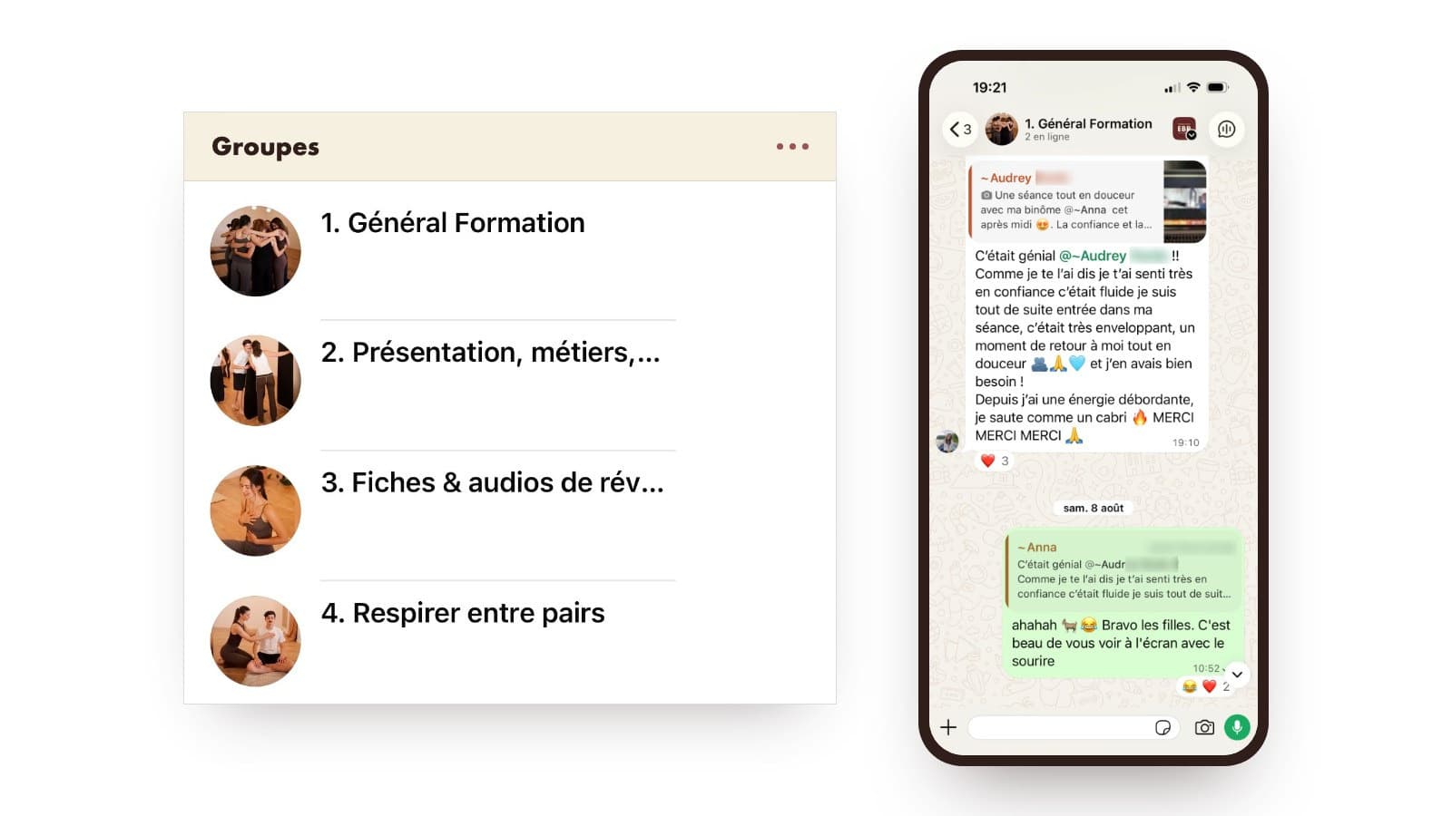 Les quatre groupes WhatsApp de la communauté des élèves, et une conversation sur téléphone